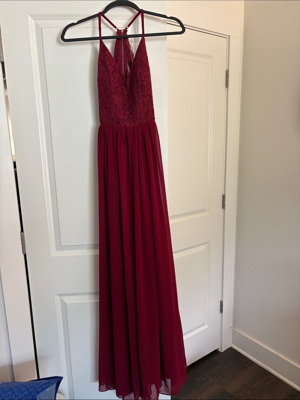 Elegant Burgundy Lace Halter Prom Dress